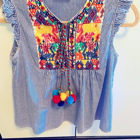 Shein Boho Pom Pom Tie Festive Seersucker Blouse - Picture 3 of 16